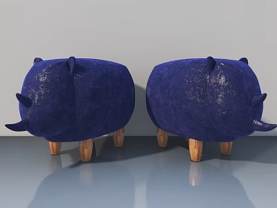 Blue Animal Shaped Velvet Stools With Wooden Legs For Home Interior Decor 3d model