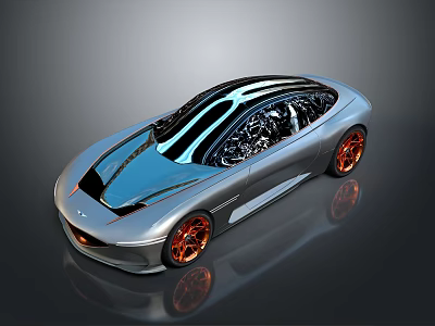 Silver Concept Sports Car with Black Stripes Orange Wheels Sleek Design and Dark Background Reflection 3d model
