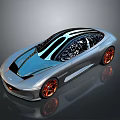 Silver Concept Sports Car with Black Stripes Orange Wheels Sleek Design and Dark Background Reflection