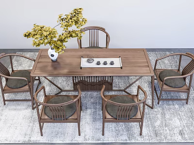 Traditional Wooden Tea Table And Chairs With Green Plant Vase And Tea Set 3d model