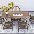 Traditional Wooden Tea Table And Chairs With Green Plant Vase And Tea Set