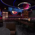 Modern Bar Interior Design With Planetary Decor Ambient Lighting And Dining Tables 3d model