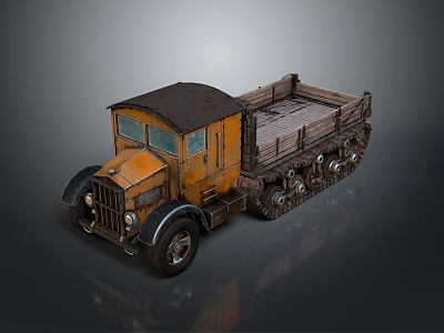 Vintage Orange Tracked Truck With Wooden Bed And Worn Exterior 3d model