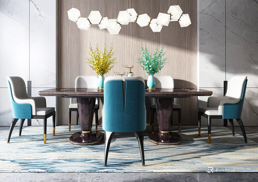 Modern Dining Table Set With Blue Upholstered Chairs And Geometric Pendant Lights 3d model 