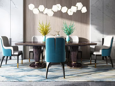 Modern Dining Table Set With Blue Upholstered Chairs And Geometric Pendant Lights 3d model