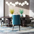 Modern Dining Table Set With Blue Upholstered Chairs And Geometric Pendant Lights 3d model