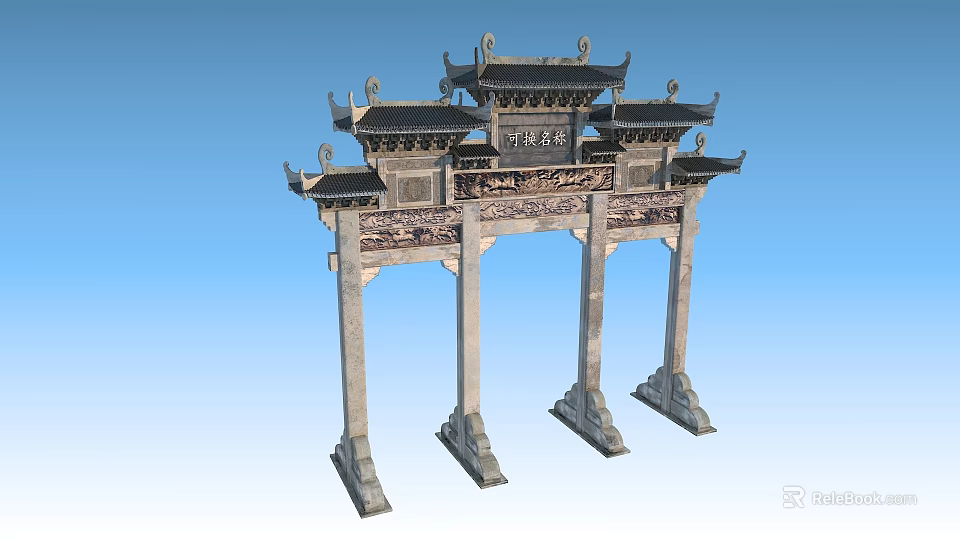Ancient Chinese Traditional Archway with Intricate Carvings Multi layered Roofs and Stone Columns 3d model 