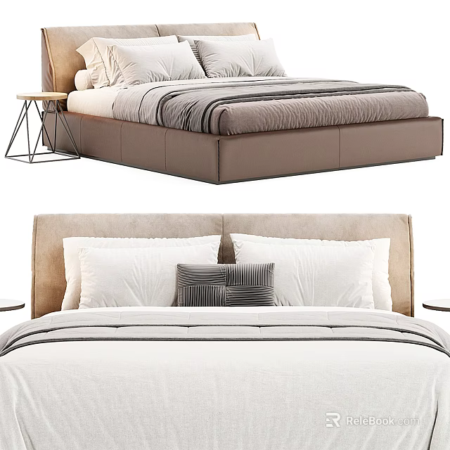 Modern Double Bed with Beige Headboard White Bedspread and Gray Decorative Pillows 3d model 