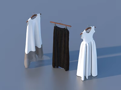 Three Stylish Clothing Pieces Hanging on Hangers White Sleeveless Dress Dark Skirt and White Dress 3d model