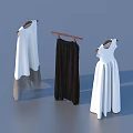 Three Stylish Clothing Pieces Hanging on Hangers White Sleeveless Dress Dark Skirt and White Dress