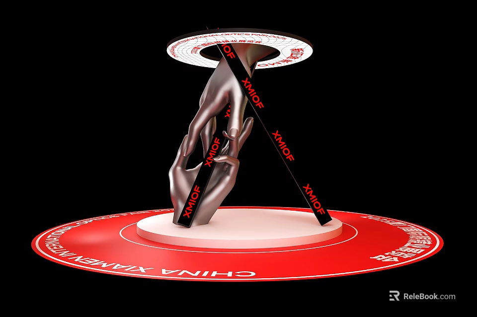Art Installation Featuring Silver Hand Shaped Structure Black Strips Red Base And VANKE Text 3d model