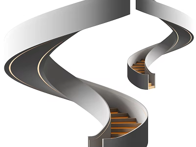 Modern Spiral Staircase Design With Curved Metal Handrail And Wooden Steps 3d model