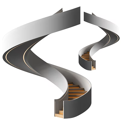 Modern Spiral Staircase Design With Curved Metal Handrail And Wooden Steps 3d model