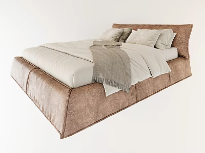 Modern Upholstered Double Bed With Brown Frame Light Colored Bedding And Gray Throw Blanket 3d model