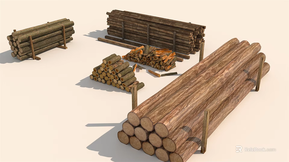 Stone And Wood Materials Stacked Logs And Firewood On Racks With Natural Texture 3d model 