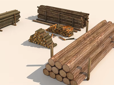 Stone And Wood Materials Stacked Logs And Firewood On Racks With Natural Texture 3d model