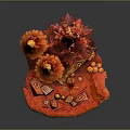 Cartoon Scene Featuring Red Trees Flame Like Design Log And Decorative Orange Red Base