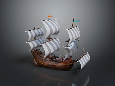 Detailed Wooden Sailing Ship Model With Striped Sails And Decorative Flags 3d model