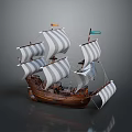 Detailed Wooden Sailing Ship Model With Striped Sails And Decorative Flags