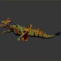 Detailed Fantasy Dragon With Rider Saddle Green Body Golden Orange Armor And Blue Tail