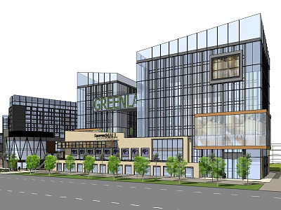 Green LA Modern Commercial Street With Glass Facades Greenery Trees And Retail Shops 3d model
