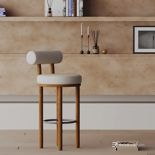 Modern White Padded Bar Stool With Wooden Frame In Textured Wall Interior And Decorative Items 3d model 
