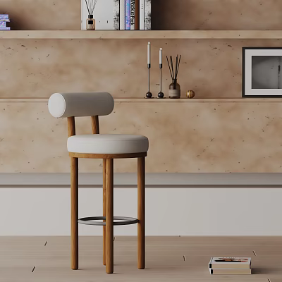 Modern White Padded Bar Stool With Wooden Frame In Textured Wall Interior And Decorative Items 3d model