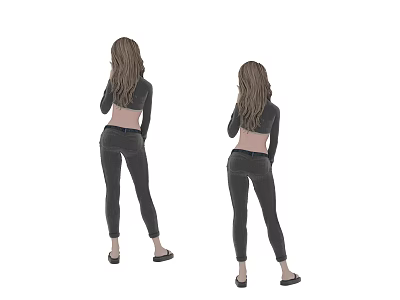 Game Movie Female Character Back View With Long Hair Black Top Black Pants Slippers 3d model