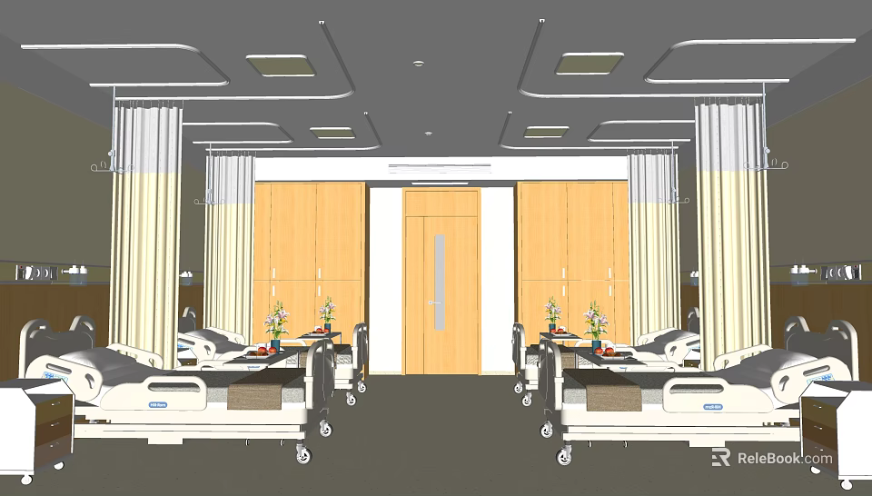 Spacious Hospital Ward Interior With Multiple Beds Tables Flower Vases And Wooden Walls 3d model 