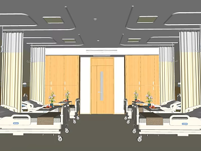 Spacious Hospital Ward Interior With Multiple Beds Tables Flower Vases And Wooden Walls 3d model
