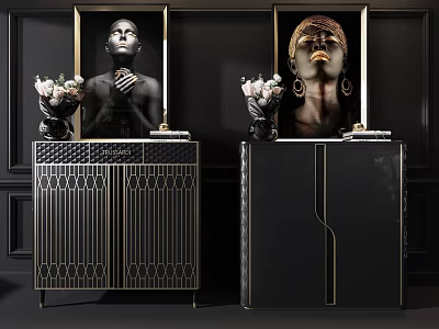 Elegant Black Console Cabinet And Side Cabinet With Gold Lines And Decorative Paintings 3d model