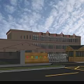 Multi story School Building With Pink Beige Exterior Windows Entrance Gate And Blue Sky