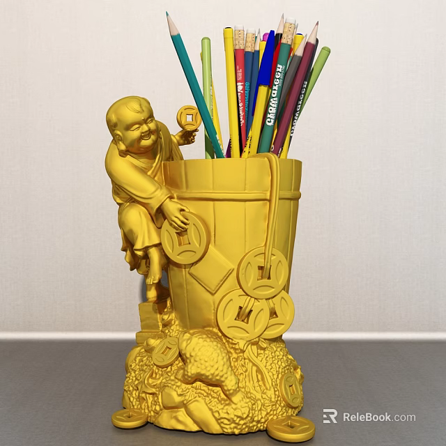 Golden Pen Holder With Buddha Statue Colorful Pens Coins And Fish Decoration 3d model 