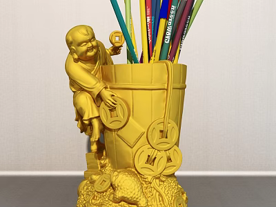 Golden Pen Holder With Buddha Statue Colorful Pens Coins And Fish Decoration 3d model