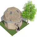 Dome Shaped Wooden Guesthouse Building With Tiled Roof Near Green Tree Entrance