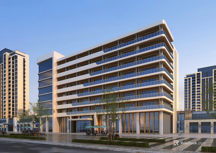 Modern Office Building With Glass Facade And Landscaped Front Pedestrian Walkway 3d model 