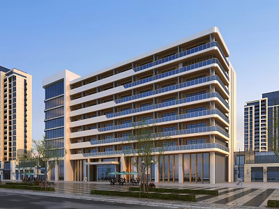 Modern Office Building With Glass Facade And Landscaped Front Pedestrian Walkway 3d model