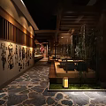 Japanese Style Restaurant Interior With Wooden Reception Counter And Red Decorative Tree