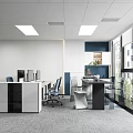 Modern Conference Room With Long Table Blue Chairs Large Screen And Floor to Ceiling Windows