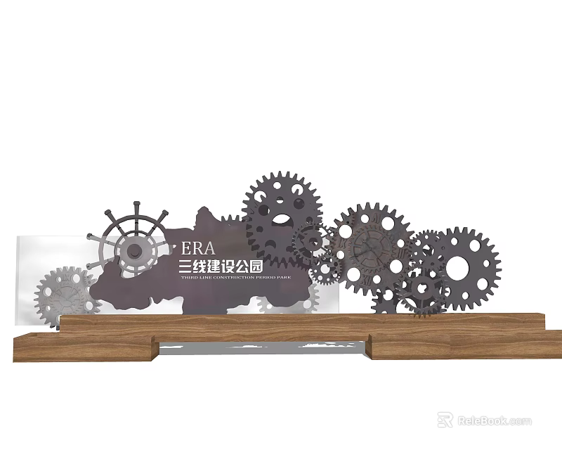 Hardware Tools Display With Metal Gears And Wooden Base For Industrial Use 3d model 