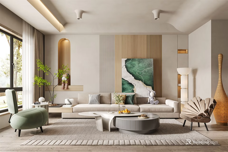 Modern Living Room Interior With Beige Sofa Green Decorative Painting Rugs And Elegant Chairs 3d model 