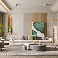 Modern Living Room Interior With Beige Sofa Green Decorative Painting Rugs And Elegant Chairs