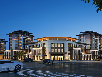 Modern Chinese Style Commercial Street Night View With Illuminated Buildings Cars And Pedestrians 3d model