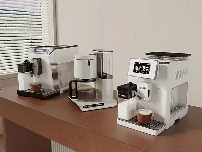 Modern Coffee Makers Displayed On Wooden Countertop By Window With Blinds 3d model