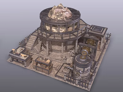 Medieval Circular Tower Stone Building With Decorative Roof Steps And Fencing 3d model