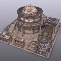 Medieval Circular Tower Stone Building With Decorative Roof Steps And Fencing