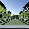 Modern Multi Story Residential Building With Courtyard Green Plants And Pathways