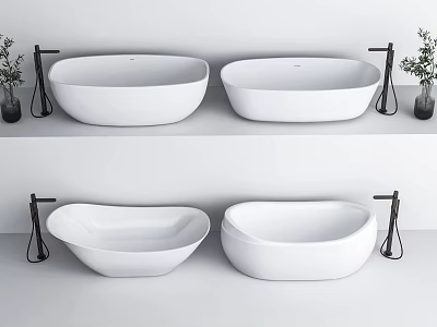 Modern White Bathtubs With Different Shapes On Wall Mounted Shelves And Plants 3d model