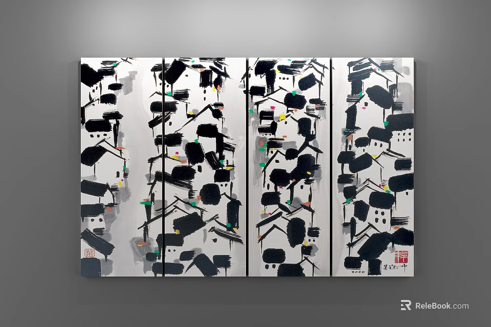 Abstract Landscape Painting With Black White Houses And Geometric Tree Shapes On Canvas Wall 3d model 