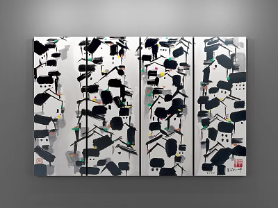 Abstract Landscape Painting With Black White Houses And Geometric Tree Shapes On Canvas Wall 3d model